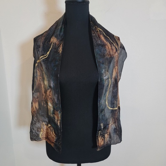 Dan Dee Silk Scarf Hand Painted 9x52 Abstract Swirl Gray Brown Blue Gold - Picture 6 of 11